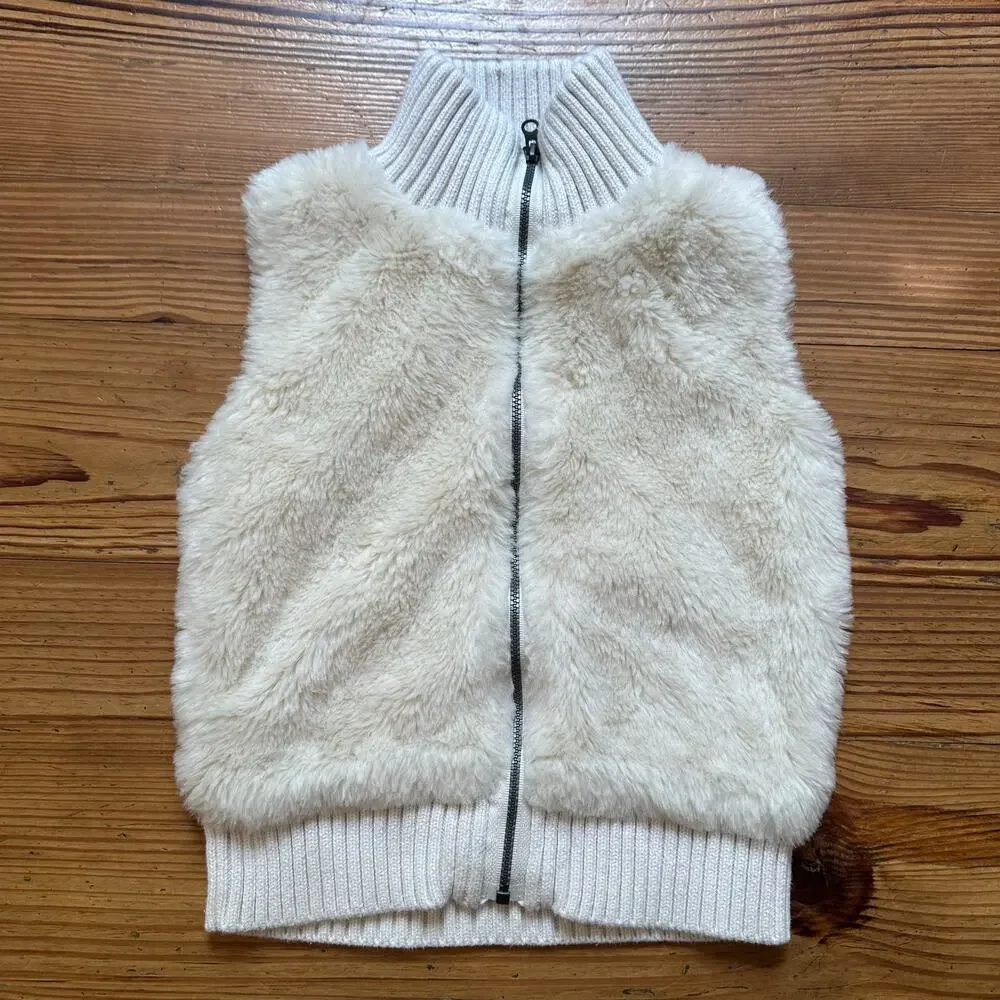 Gap cream mock neck faux fur full‎ zip sweater vest SIZE 6